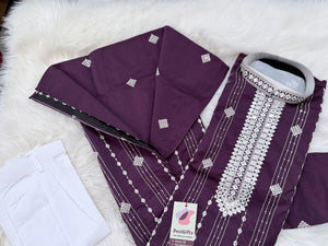 Men’s Mirror Work Embroidered Kurta Pajama Set | Teal Green or Deep Purple Embroidered Indian Wedding Kurta with White Pants, KP - 3063-64