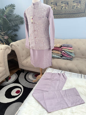 Men’s Pastel Purple 3-Piece Kurta Pajama with Heavy Embroidered Jacket, Wedding & Festive Ethnic Wear, KPJ-3079