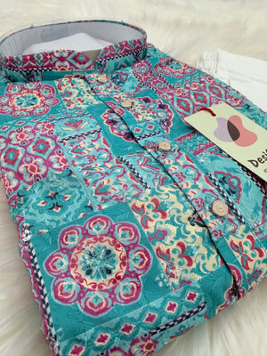 Premium Cyan Blue Embroidered Kurta Pajama Set – Viscose Rayon with Printed & Sequin Detailing | Traditional Outfit | KPS-2033