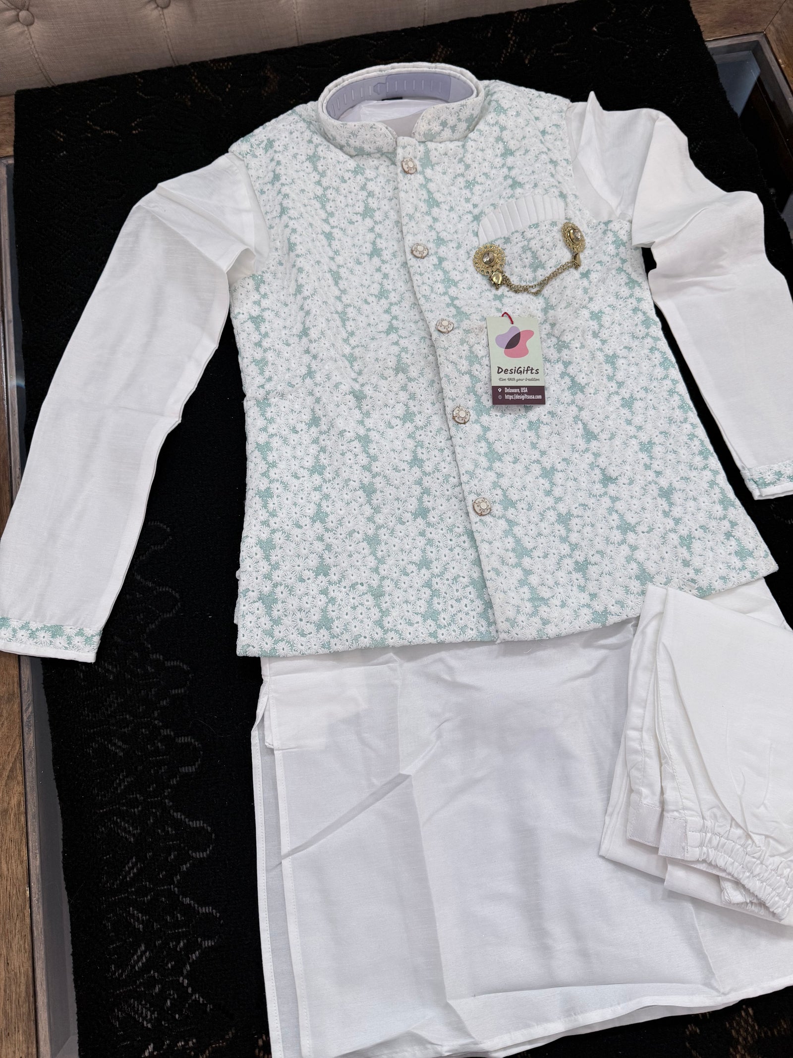 3 Piece Kurta Pajama with Jacket Set, Men's Kurta set with Teal White Embroidered Jacket, Festive & Party Wear, KPJ - 2062