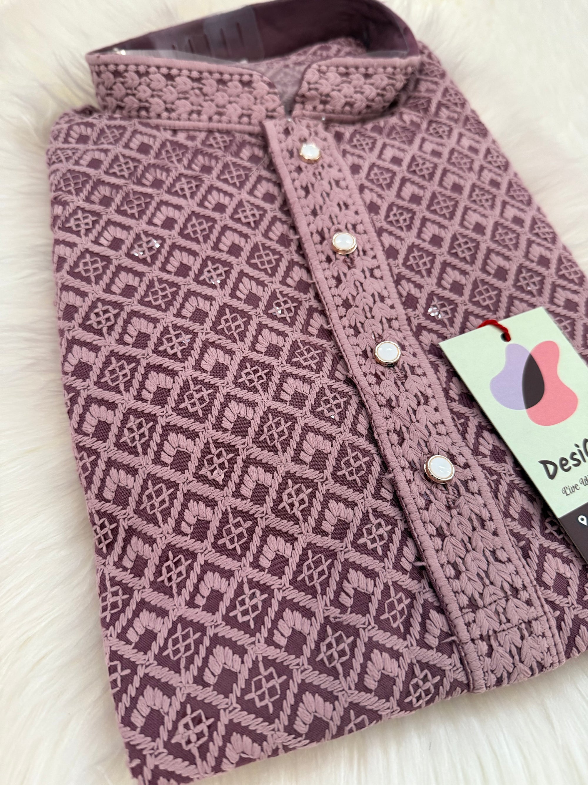 Onion Shade Chikankari Shirt-Style Short Kurta with Sequins – Ethnic Casual Kurta, SK - 1935