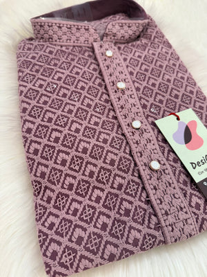 Onion Shade Chikankari Shirt-Style Short Kurta with Sequins – Ethnic Casual Kurta, SK - 1935