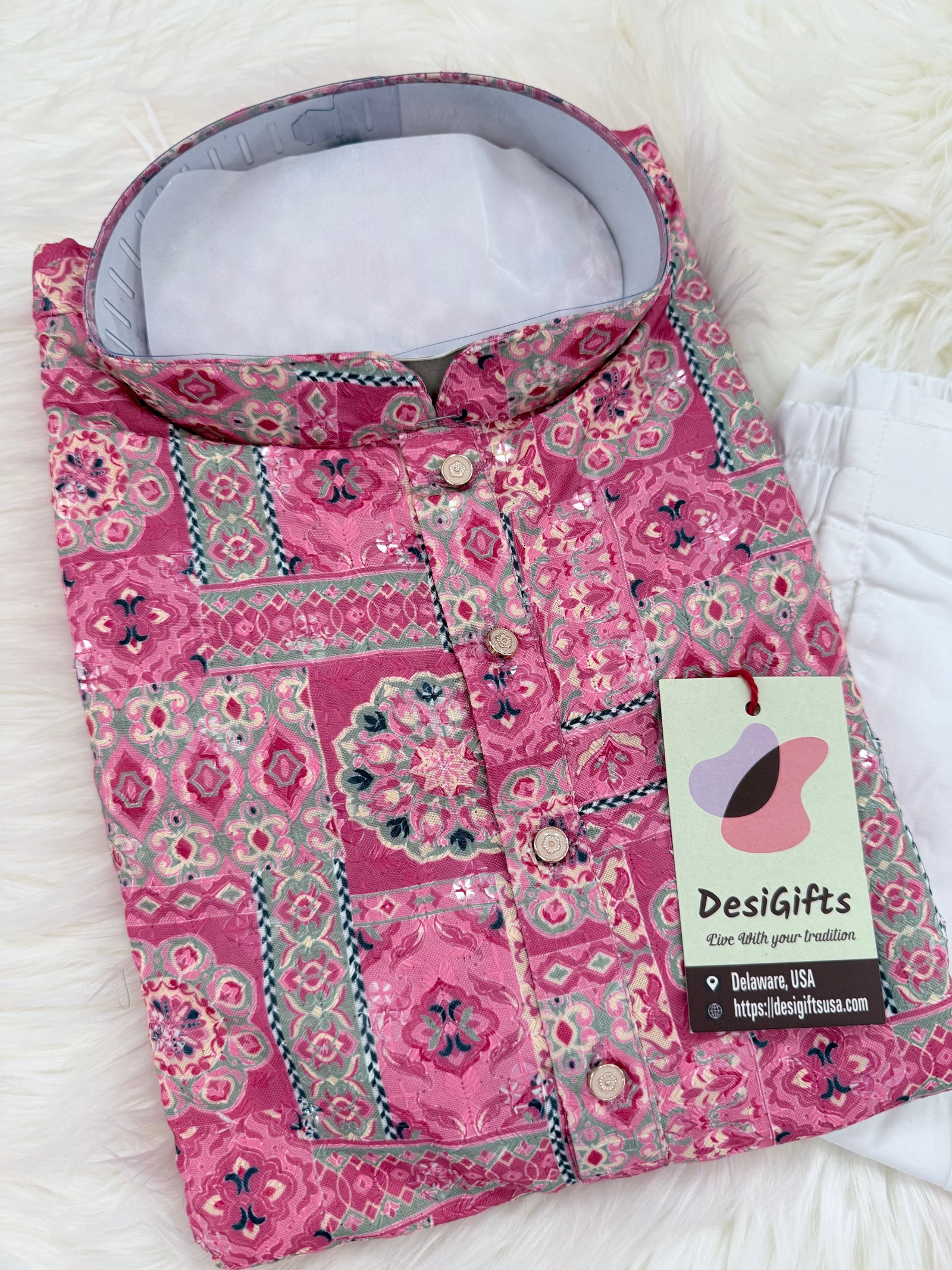 Premium Pink Embroidered Kurta Pajama Set – Viscose Rayon with Printed & Sequin Detailing | Traditional Outfit | KPS-2034