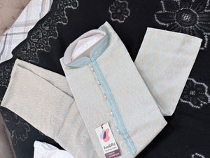 Pastel Blue with Beige accents Jacquard Silk Kurta Pajama Set | Festive Kurta Pant Style Pajama, Man -3057