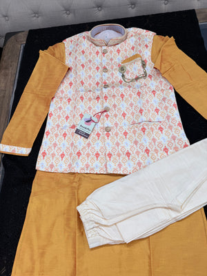 Men's Kurta Pajama with Jacket | Yellow Kurta with Printed Jacket Set for Indian Weddings, Festivals | Silk 3-Piece Outfit | KPJ-2054