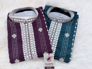 Men’s Mirror Work Embroidered Kurta Pajama Set | Teal Green or Deep Purple Embroidered Indian Wedding Kurta with White Pants, KP - 3063-64