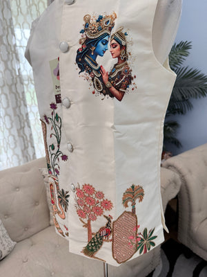 Men’s Ivory Radha Krishna Jacket | Embroidered Indian Waistcoat with Peacock & Elephant Design | Festive Modi Jacket | J-4051
