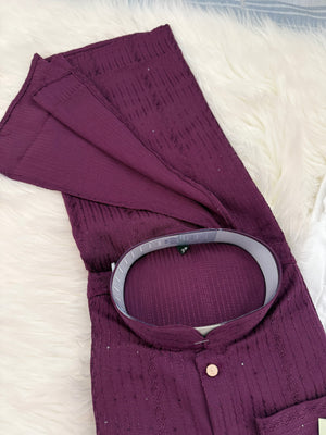 Men’s Wine Shade Sequins Embroidered Kurta Pajama Set – Indian Wedding & Partywear Traditional 2PC Outfit, Size 58 , 5XL, KP-2024