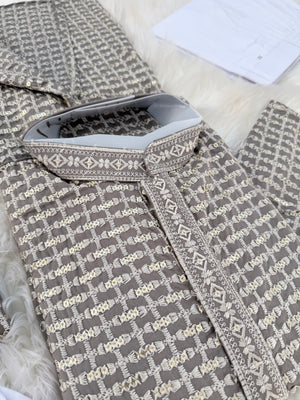 Mocha Shade Chikankari Rayon with Sequins 2 Piece Kurta with Trouser Style Pajama Set, Father & Son's Outfit, DM -2009