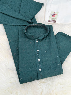 Men & Boys Green Rayon Chikankari with Sequins Kurta Pajama Set | Matching Father Son Festive Outfit with Sequin Work, DM -2078