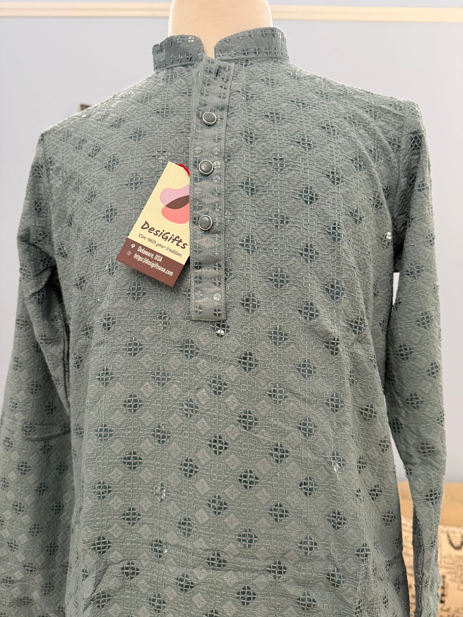 Gray Chikankari Shirt-Style Short Kurta with Sequins – Ethnic Casual Kurta SK - 1933