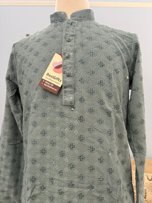 Gray Chikankari Shirt-Style Short Kurta with Sequins – Ethnic Casual Kurta SK - 1933