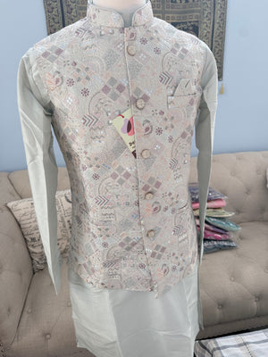 Men’s Pale Sage Green 3-Piece Kurta Pajama with Premium Embroidered Jacket, Wedding & Festive Ethnic Wear, KPJ-3078