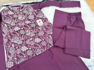 Stylish Men’s 3-Piece Plum Purple Shade Kurta Pajama with Embroidered Sequins Jacket, Silk Ethnic Wear for Wedding & Festive, KPJ-4052