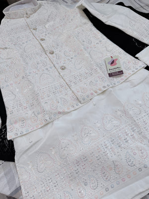 Elegant Men’s 3-Piece Kurta Pajama with Embroidered Sequins Jacket, Ivory Cream Satin Silk Blend Ethnic Wear for Wedding & Festive, KPJ-3062
