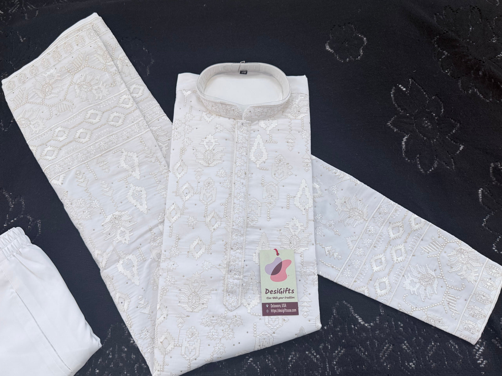 Men’s White Embroidered Kurta Pajama Set with Sequin Accents | Chikankari-Style Wedding & Festive Indian Outfit, KP- 3058