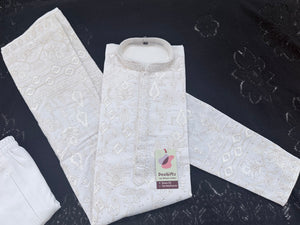 Men’s White Embroidered Kurta Pajama Set with Sequin Accents | Chikankari-Style Wedding & Festive Indian Outfit, KP- 3058