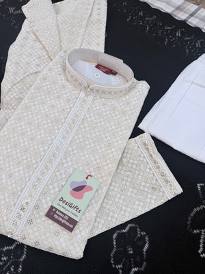 Ivory Cream Embroidered with Sequins Kurta Pajama for Men | Traditional Indian Threadwork Ethnic Outfit, KP - 3023