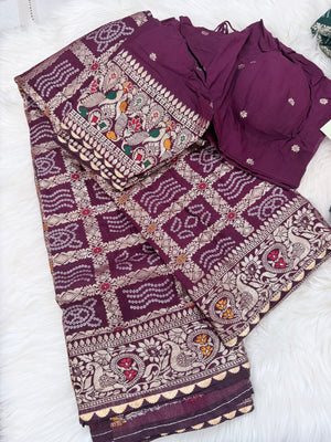 Bandhani Inspired Soft Silk Blend Saree with Matching Blouse, Floral Border & Pallu, Indian Wedding & Festive Sari, 2 Colors, S- 3081