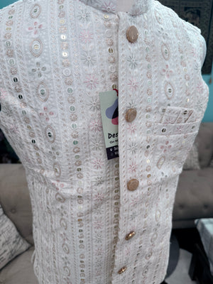 Festive White Ethnic Jacket for Men – Pastel Thread Embroidery with Sequins – Heavy Thread Work Wedding Waistcoat | J-3032