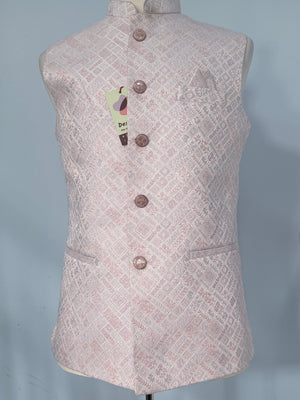 Men’s Pastel Pink Nehru Jacket – Self Woven Silk Indian Sadri, Festive Wedding Waistcoat, Ethnic Modi Jacket for Men, J-3073