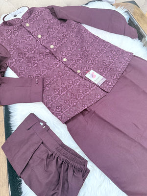 Men’s Wine 3-Piece Kurta Pajama Set with Pant Style Bottom & Embroidered Jacket, Silk Ethnic Wear, TPKP-2030