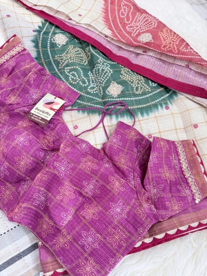 Linen Silk Blend Saree with Bandhani Style Print & Embellished Border, Indian Wedding Festive Saree with Stitched Blouse, S- 3093