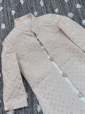 Boy's Champagne Blush Shade Cotton Silk 3 Piece Indo Western Outfit,  Embroidered  Sequins Long Jacket with Pant , Boy's Sherwani Dress - B-3054