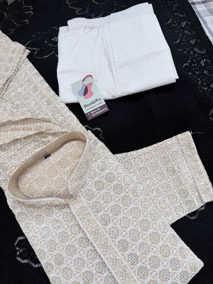 Men's Kurta Pajama set with Embroidery and Sequins in Light Yellowish Shade. Two-piece Indian traditional outfit., KP - 1425