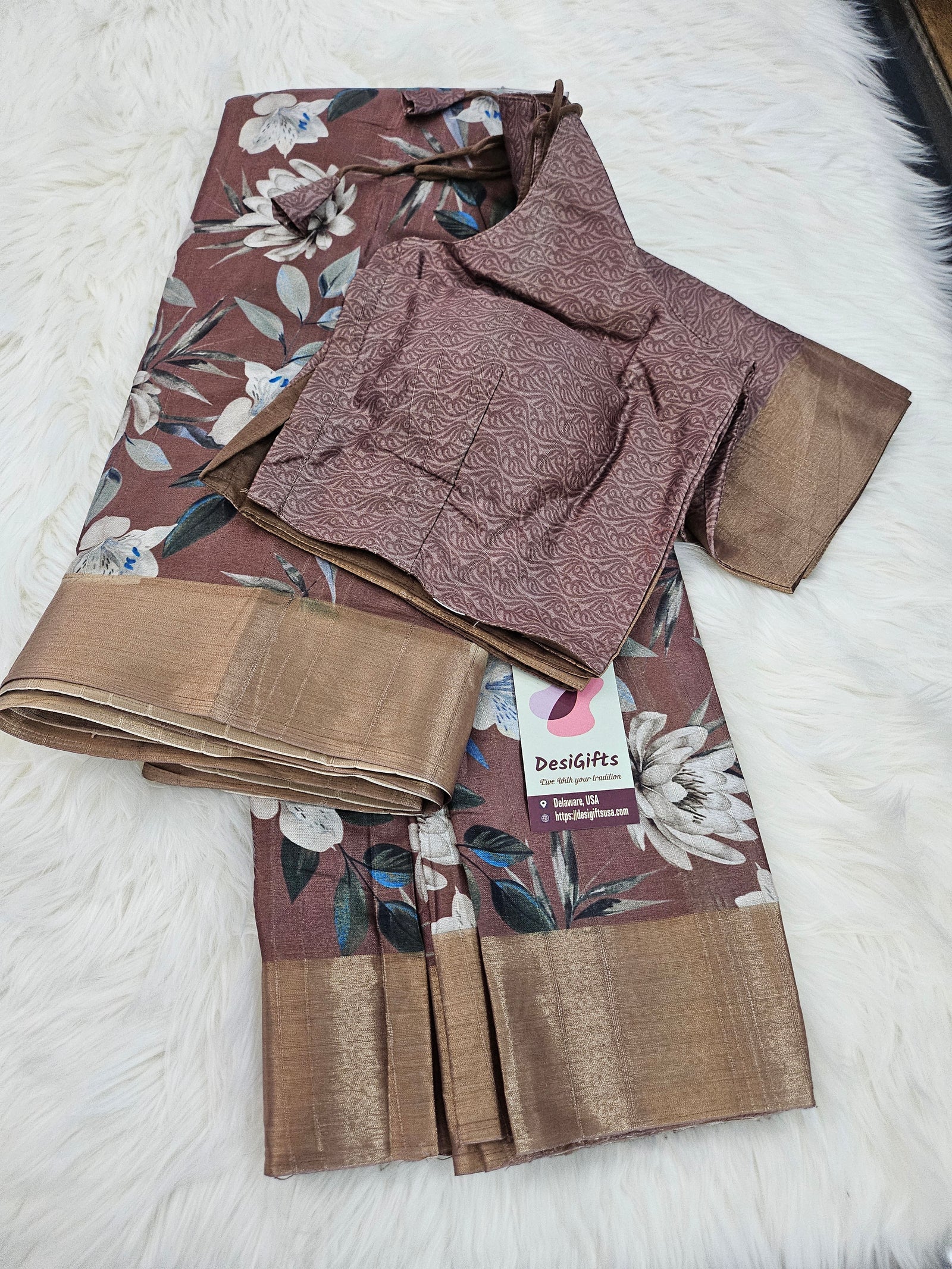 Flowery Brown Shade Mooga Silk Saree with Slub Pattern Digital Print and Zari Border, with Stitched Blouse, Fall & Peeco, Design SARI - 1327