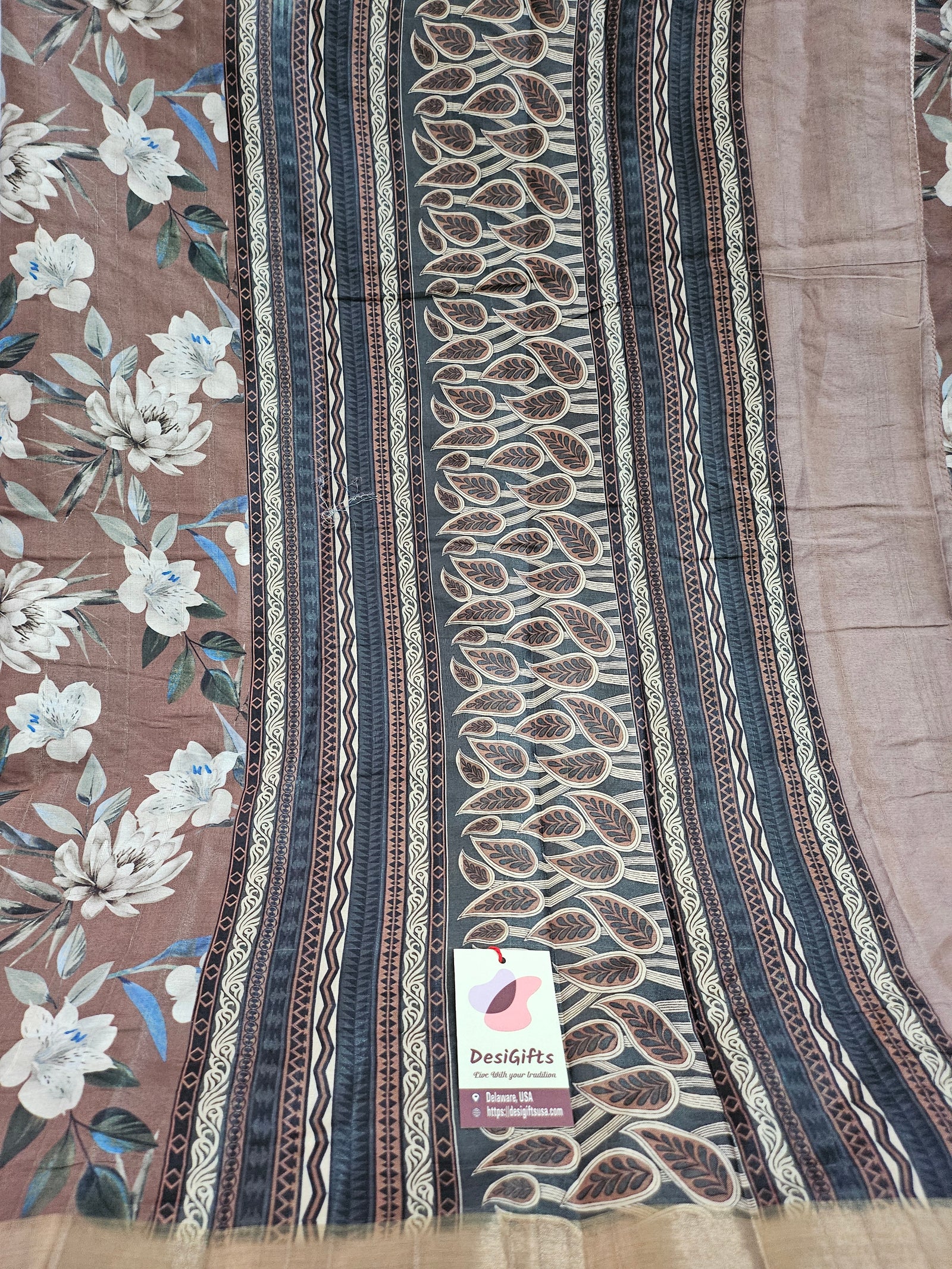 Flowery Brown Shade Mooga Silk Saree with Slub Pattern Digital Print and Zari Border, with Stitched Blouse, Fall & Peeco, Design SARI - 1327