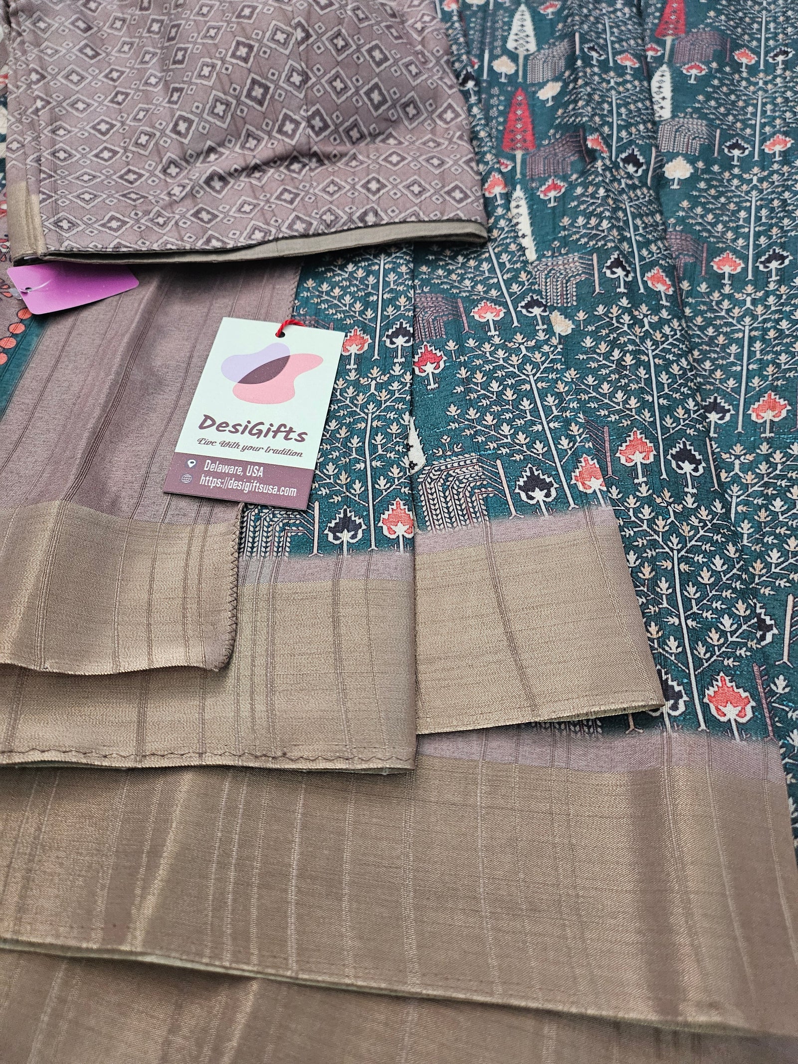 Mooga Silk Saree with Slub Pattern Digital Print and Zari Border, with Stitched Blouse, Fall & Peeco, Casual Formal Sari, Design SARI - 1328