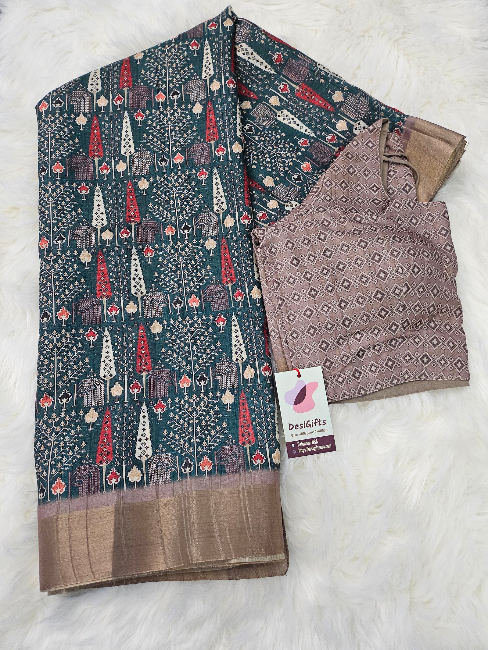 Mooga Silk Saree with Slub Pattern Digital Print and Zari Border, with Stitched Blouse, Fall & Peeco, Casual Formal Sari, Design SARI - 1328