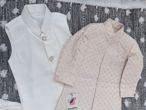 Boy's Champagne Blush Shade Cotton Silk 3 Piece Indo Western Outfit,  Embroidered  Sequins Long Jacket with Pant , Boy's Sherwani Dress - B-3054