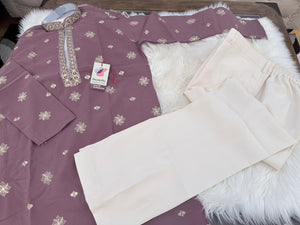 Men’s Onion Shade Embroidered Kurta Pajama Set | Open Neck Kurta with Ivory Trouser Pants | Indian Wedding & Festive Wear, KP-4068