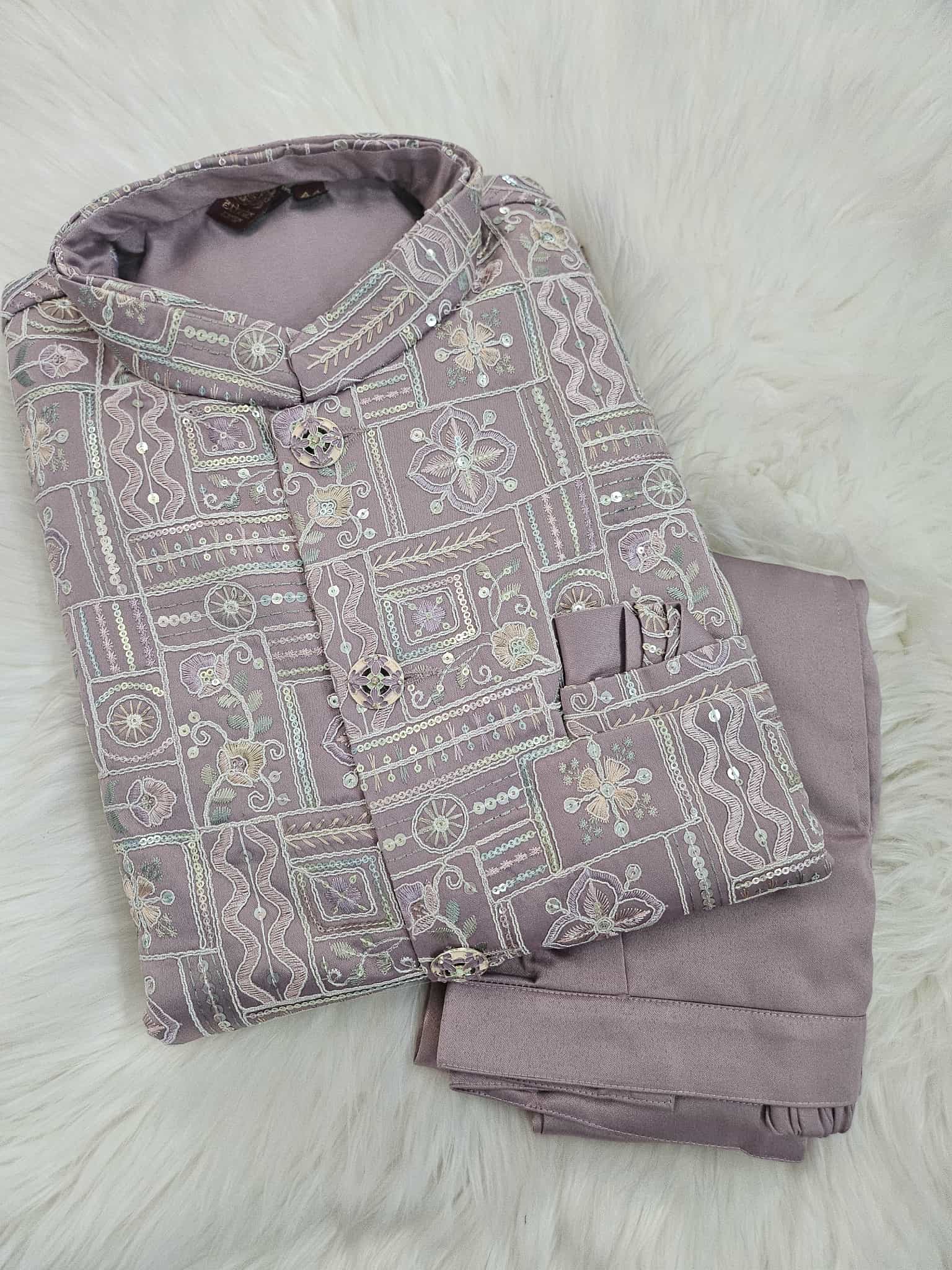 Classy Light Purple 3 Piece Kurta Pajama with Jacket  Embroidered Set for Man, Silk, Indian Wedding Partywear, DM - 1889