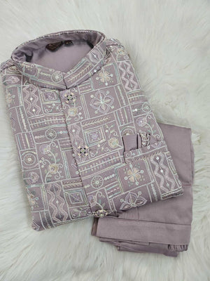 Classy Light Purple 3 Piece Kurta Pajama with Jacket  Embroidered Set for Man, Silk, Indian Wedding Partywear, DM - 1889