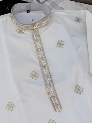 Men’s Ivory Embroidered Kurta Trouser Set | Trendy Kurta Pajama Set with Gold Embroidery | Wedding & Festive Wear, KP - 4027