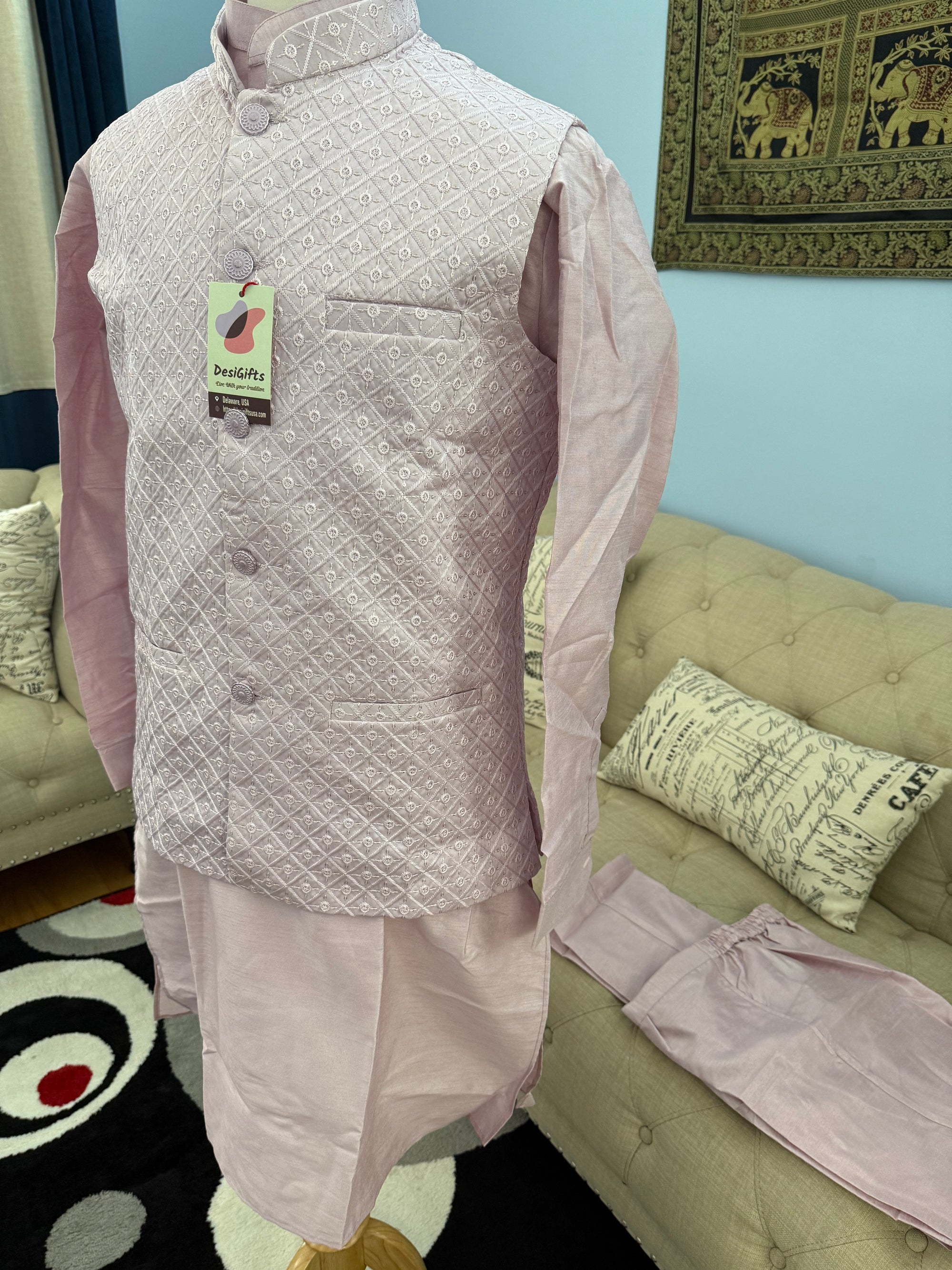 Light Purple Shade 3 Piece Kurta Pajama, Pant Style, with Embroidered Sequins Jacket Set-Silk Fabric, JKP- 1922
