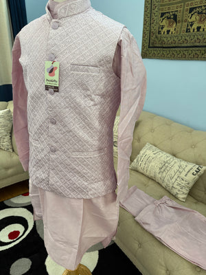 Light Purple Shade 3 Piece Kurta Pajama, Pant Style, with Embroidered Sequins Jacket Set-Silk Fabric, JKP- 1922