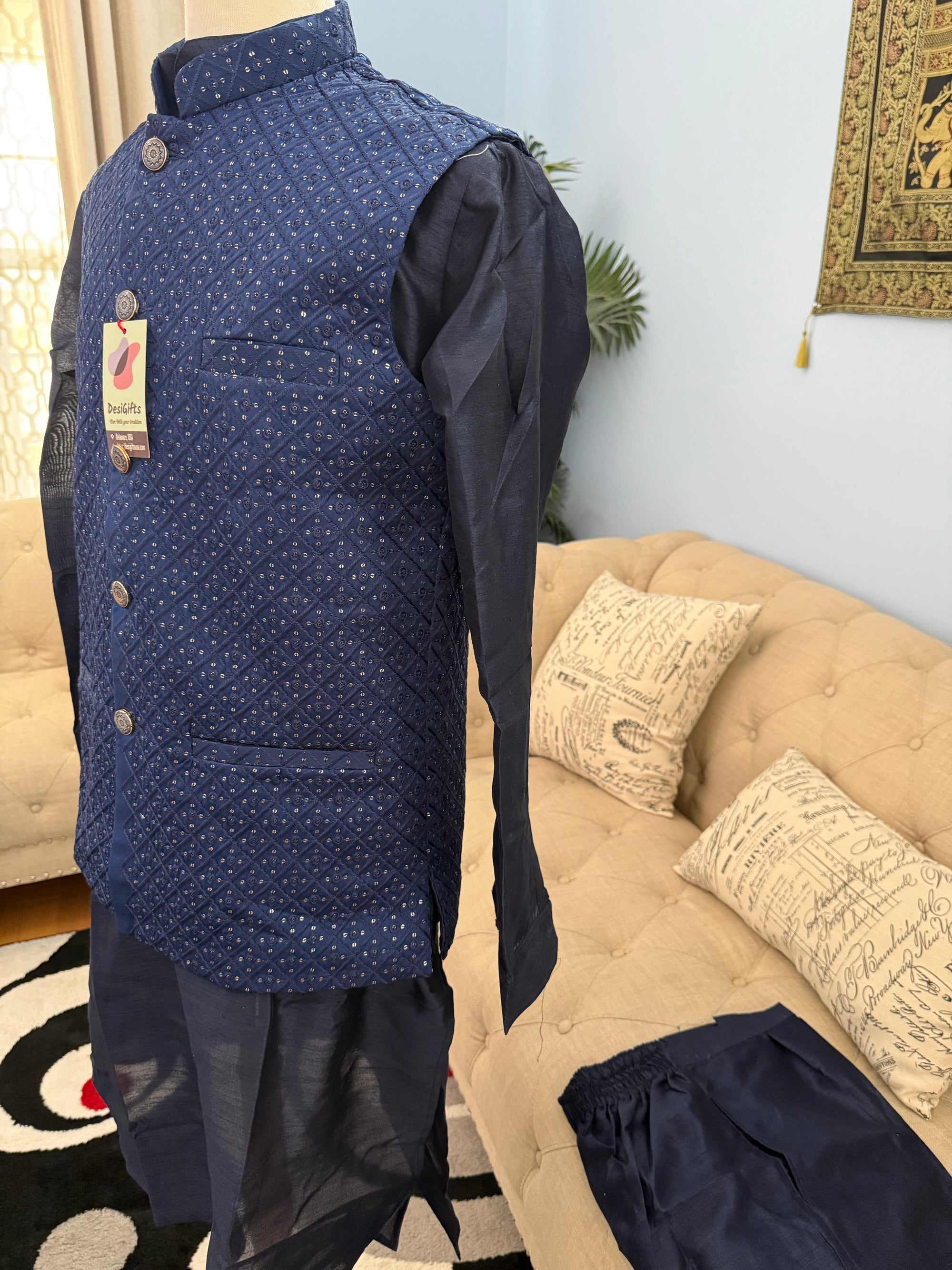 Admiral Blue Shade 3 Piece Kurta Pajama, Pant Style, with Embroidered Sequins Jacket Set-Silk Fabric, JKP- 1923