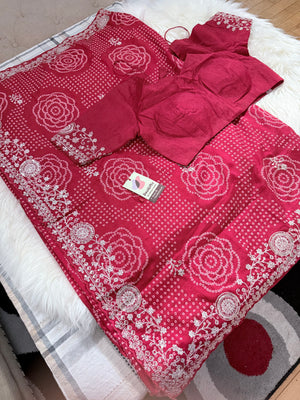 Women’s Deep Rani Pink Bandhani Style Saree with Silver Embroidery & Stitched Blouse, Festive Wedding Indian Saree, S- 3096