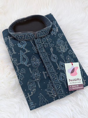 Men’s Deep Teal Blue with Silver Embroidered Kurta Pajama Set with Sequin Accents | Chikankari-Style Wedding & Festive Indian Outfit, KP- 3060