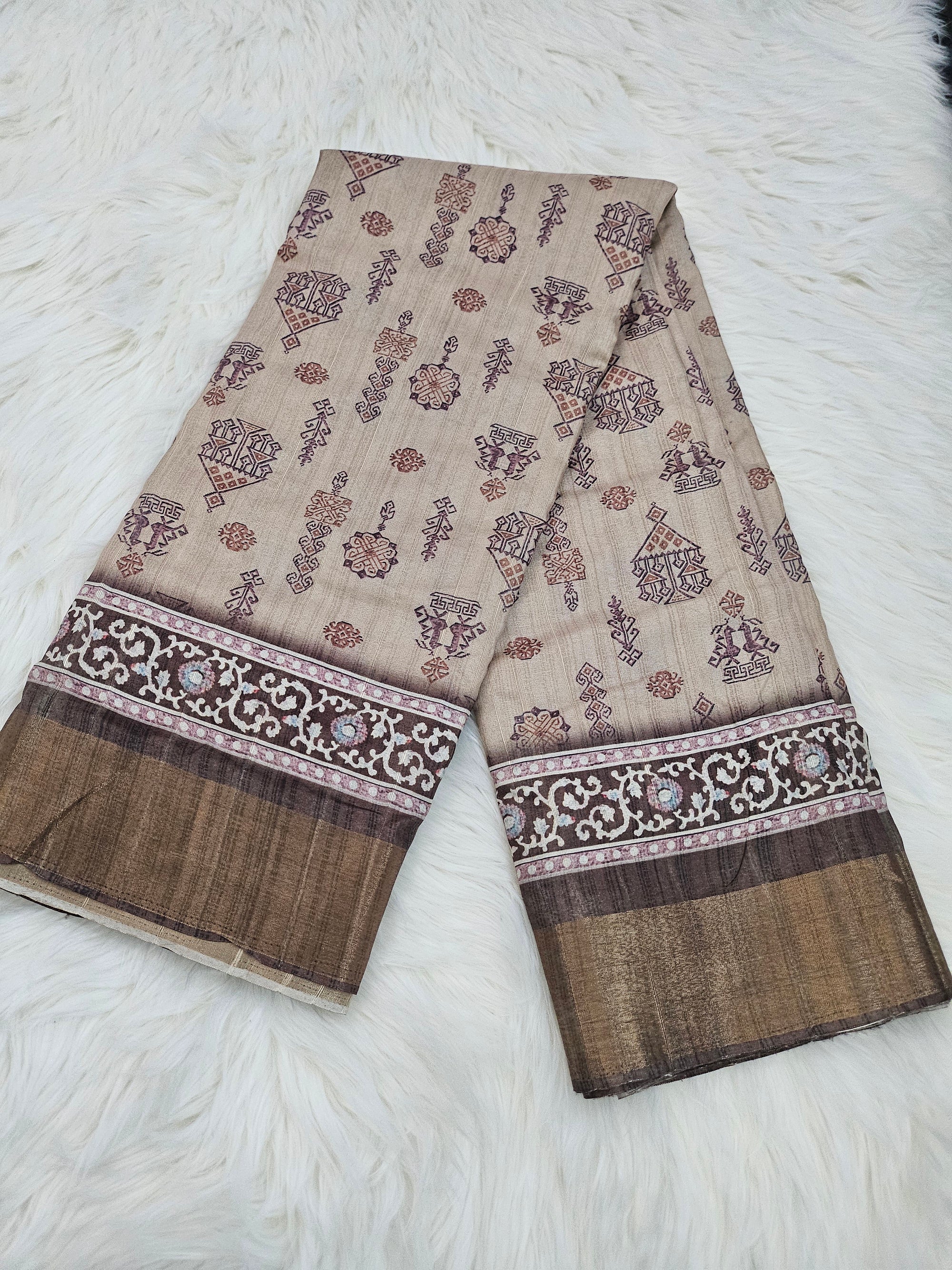Golden Brown Mooga Silk Saree with Slub Pattern Digital Print and Zari Border, with Stitched Blouse, Fall & Peeco, Design SARI - 1191