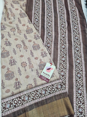 Golden Brown Mooga Silk Saree with Slub Pattern Digital Print and Zari Border, with Stitched Blouse, Fall & Peeco, Design SARI - 1191