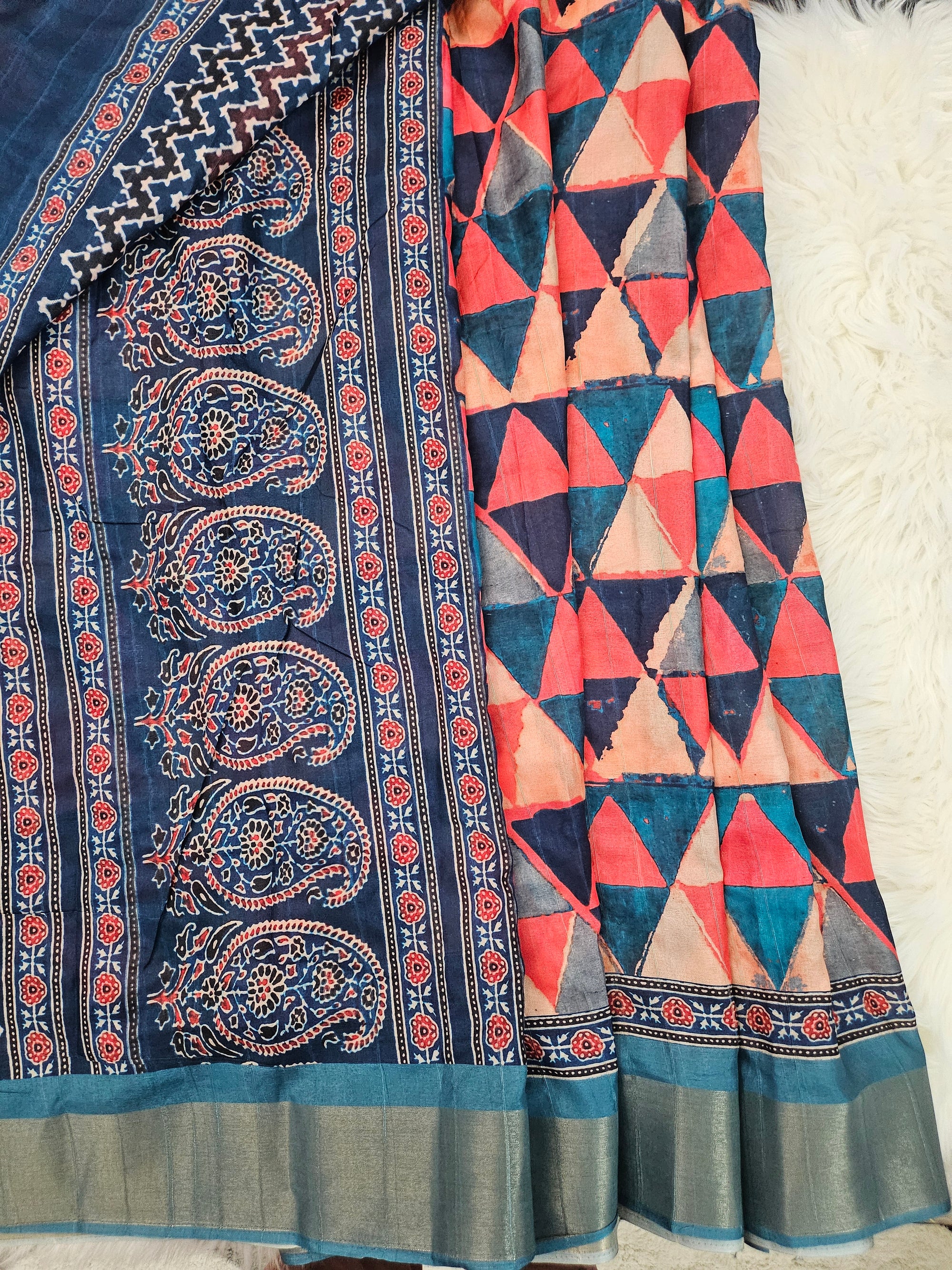 Bright Mooga Silk Saree with Slub Pattern Digital Print and Zari Border, with Stitched Blouse, Fall & Peeco, SARI - 1324