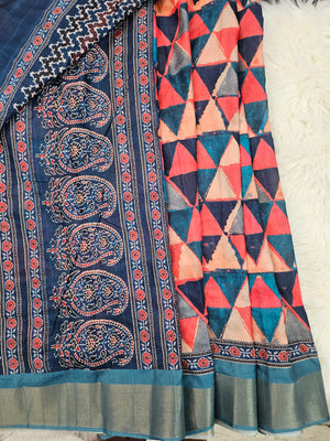 Bright Mooga Silk Saree with Slub Pattern Digital Print and Zari Border, with Stitched Blouse, Fall & Peeco, SARI - 1324