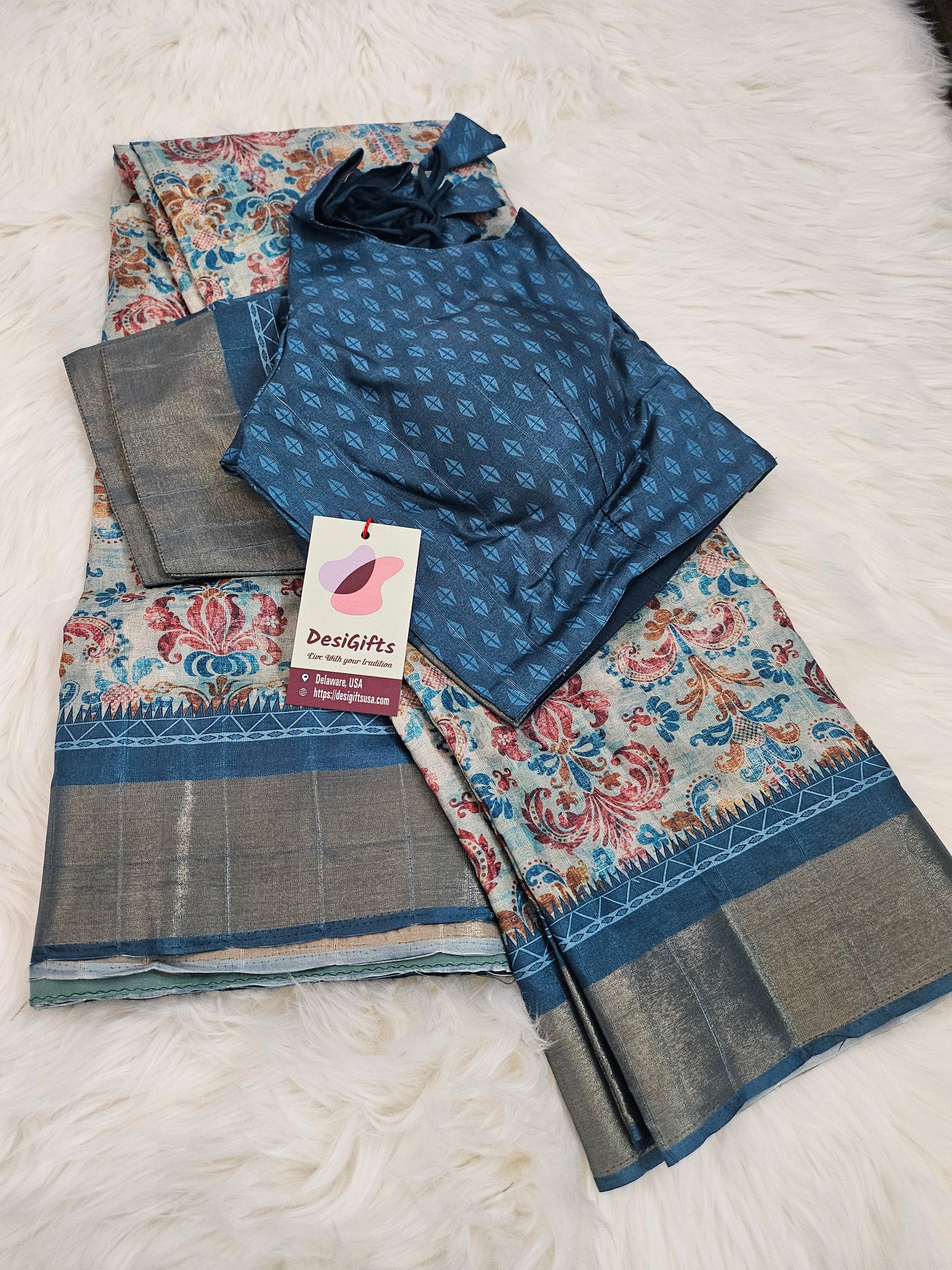 Flowery Mooga Silk Saree with Slub Pattern Digital Print and Zari Border, with Stitched Blouse, Fall & Peeco, SARI - 1326