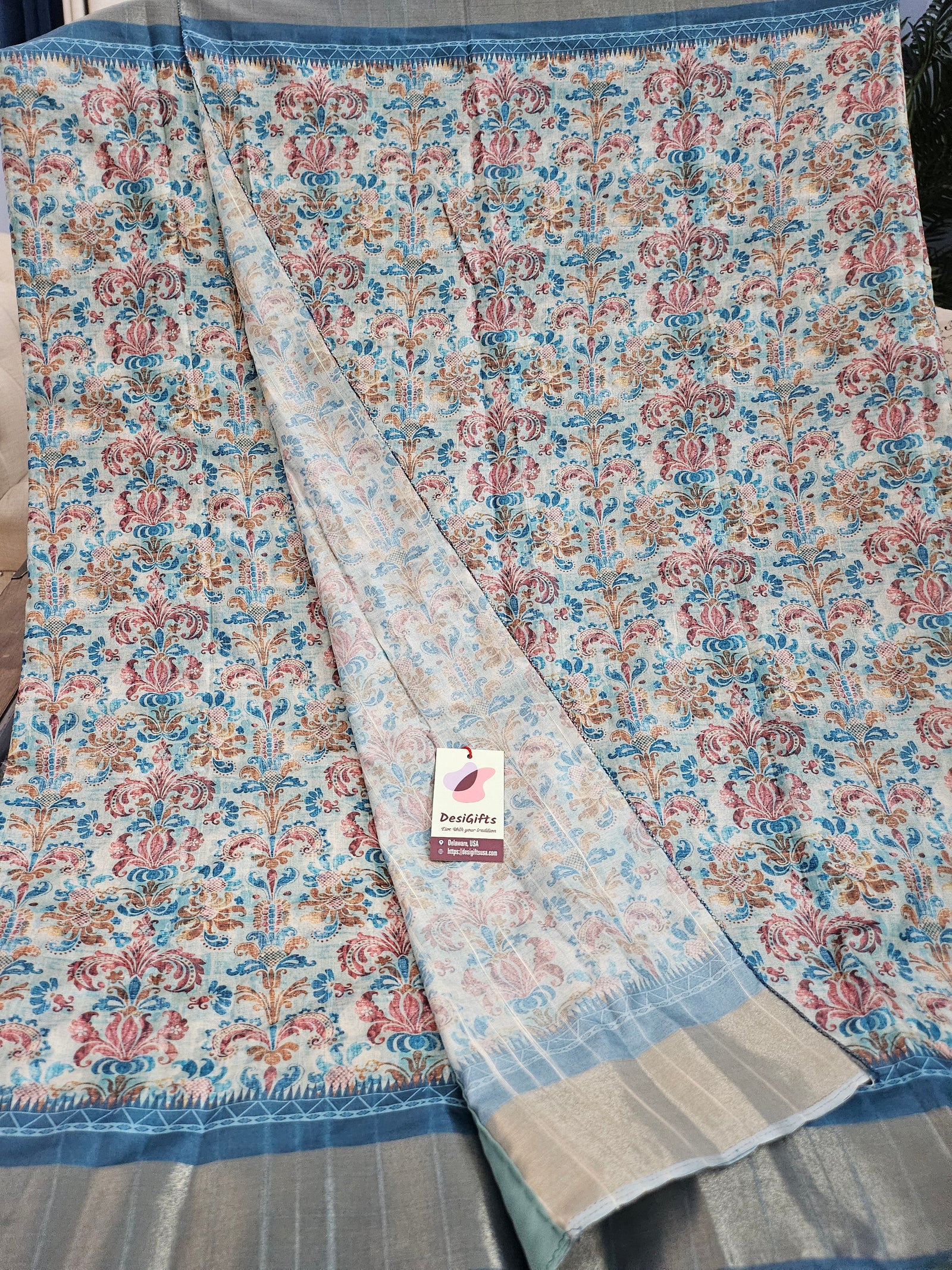 Flowery Mooga Silk Saree with Slub Pattern Digital Print and Zari Border, with Stitched Blouse, Fall & Peeco, SARI - 1326