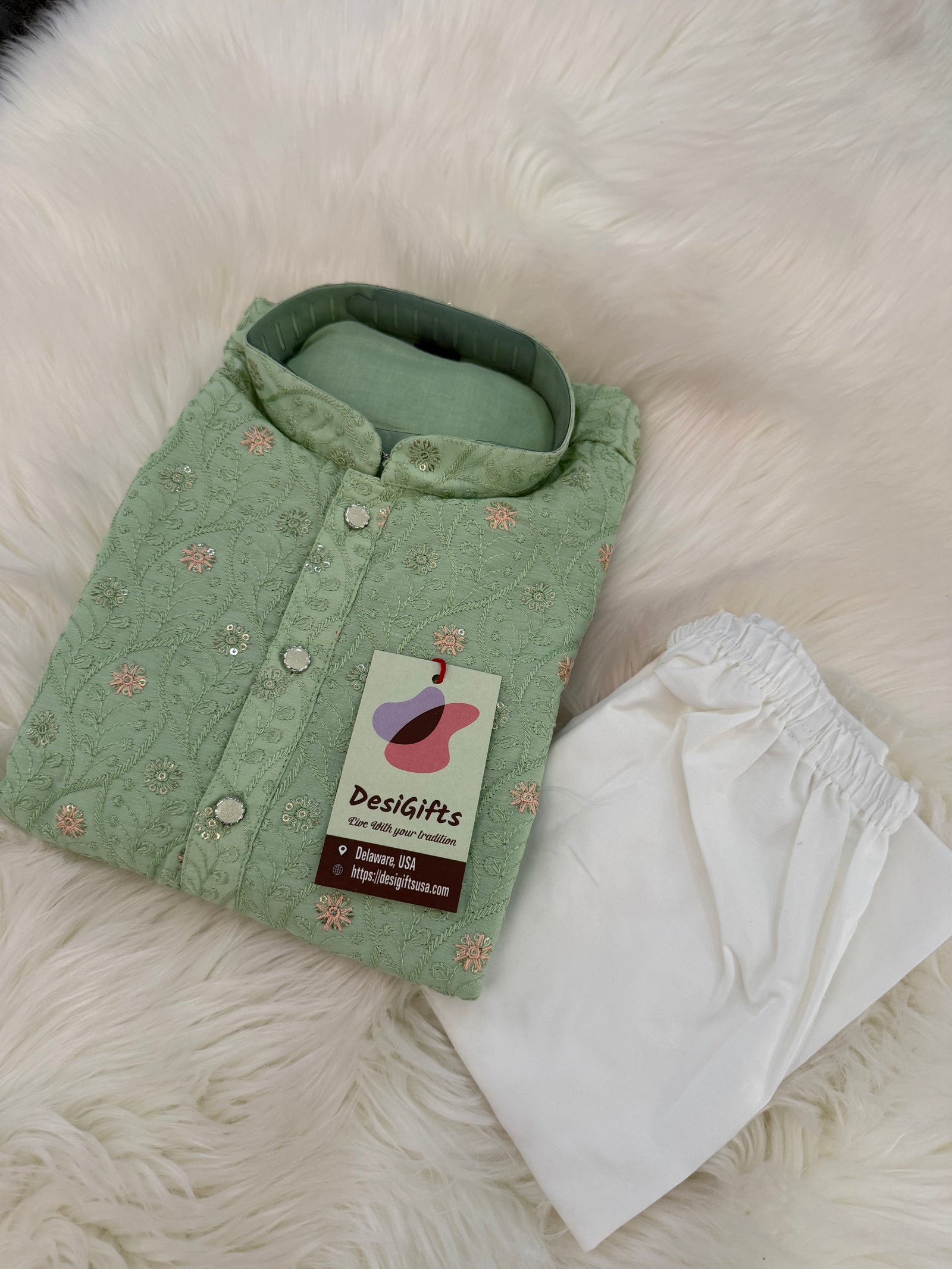 Pre-Teen and Teen Boy's Chikankari Embroidered Rayon Kurta Pajama with Sequins , Green Shade, - BOY-2001